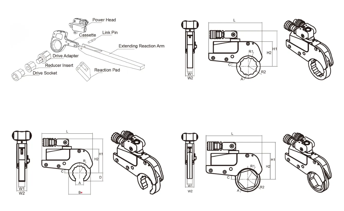 Schema quote chiavi idrauliche Stork slim – riferimento dimensioni L, H1, H2, W, AF